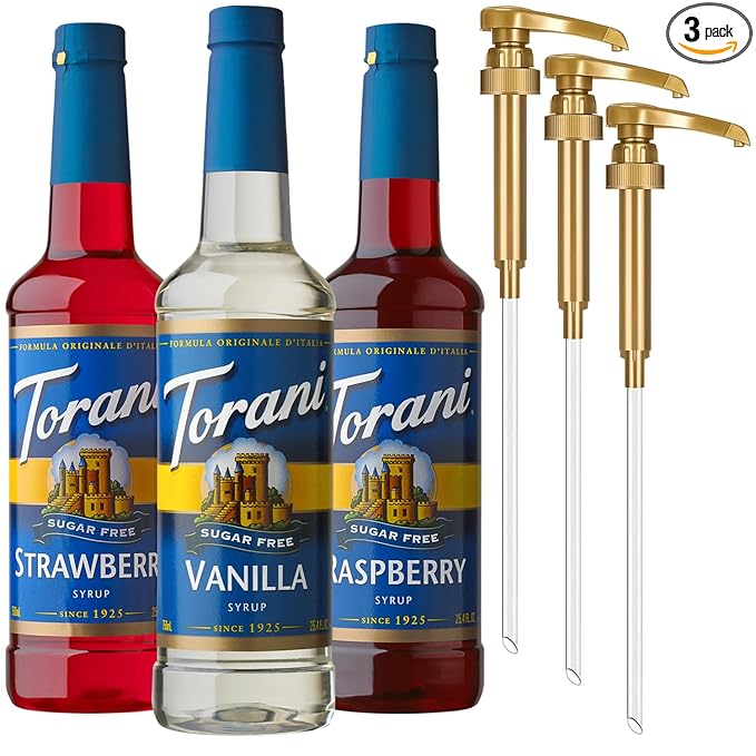 Torani Sugar Free Syrup Variety 3-Pack Strawberry Raspberry and Vanilla Zero-Calorie Syrups for Drinks Pumps Included 25.4 Oz Ea