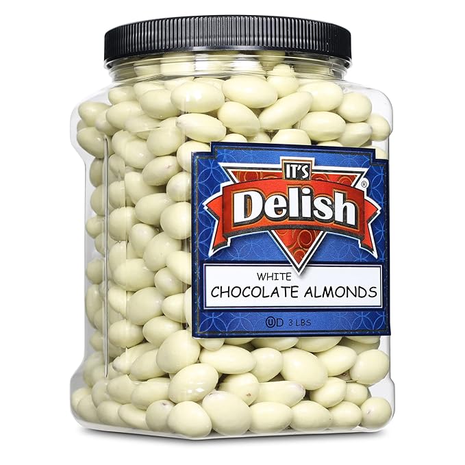 Gourmet White Chocolate Covered Almonds by Its Delish 3 LBS Jumbo Reusable Container(Jar) | White Milk Chocolate Coated Almond Nuts Kosher Dairy