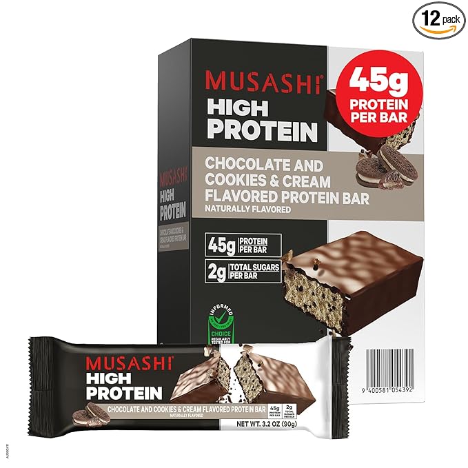 MUSASHI High Protein Bar 45g Protein 2g Total Sugars Cookies &amp Cream Post Workout and Protein Snack On The Go 12 Pack of 3.2oz (90g) Bars
