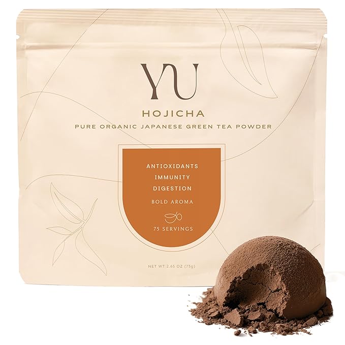 Yu Tea Organic Hojicha Green Tea Powder 75 Servings | Rich in Antioxidants &amp EGCG | Pure Japanese Roasted Green Tea | Low Caffeine &amp Unsweetened Matcha Alternative | Resealable Pouch 2.65 oz