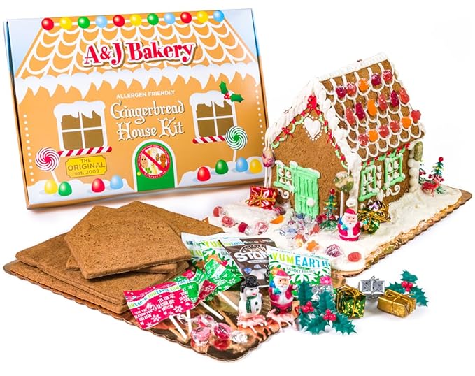 Vegan Allergen-Friendly Gluten-Free Cookie House Kit – 6 Pre-Baked Pieces Display Board Allergen-Free Candy &amp Non-Edible Decorating Figures (Pack of 1 Gingerbread)
