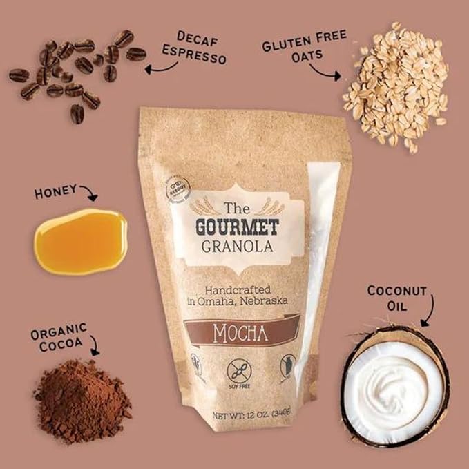 The Gourmet Granola Mocha Granola | Healthy Snack | Gluten Free Soy Free Dairy Free | Adds a Chocolatey Crunch to Yogurt &amp Vanilla Ice Cream | Enjoy Hot or Cold | Nebraska Made | 12 oz Bag | 3 P