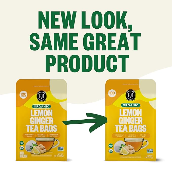 FGO Organic Lemon Ginger Tea 100 Count Eco-Conscious Tea Bags Resealable Bag Caffeine Free Packaging May Vary (Pack of 1)