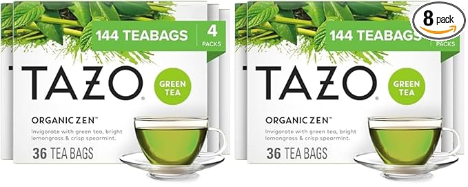 TAZO Organic Zen Green Tea Bags Caffeine Free Tea with Refreshing Lemongrass &amp Spearmint 144 Total Tea Bags (36ct - Pack of 8)