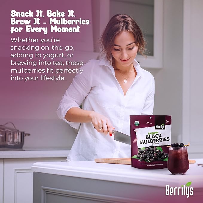 Berrilys Organic Sun-Dried Black Mulberries 4 Pack Bundle [4x10 oz] Raw Gluten Free Mulberry No Preservatives No Additives No Colorings