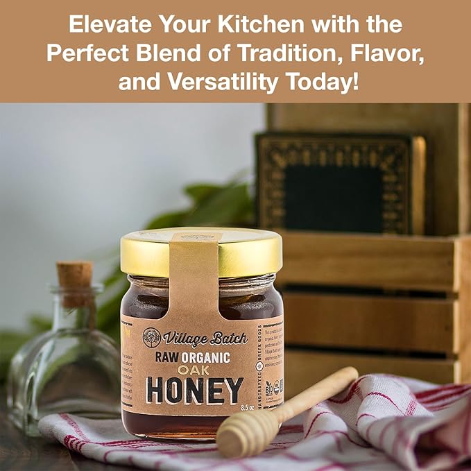 Village Batch Raw Organic Oak Honey 8.5oz Jar (Pack of 1) from Foloi Oak Forest Dark Amber Rich Caramel and Toffee Notes Unfiltered and Unpasteurized Greek-Honey