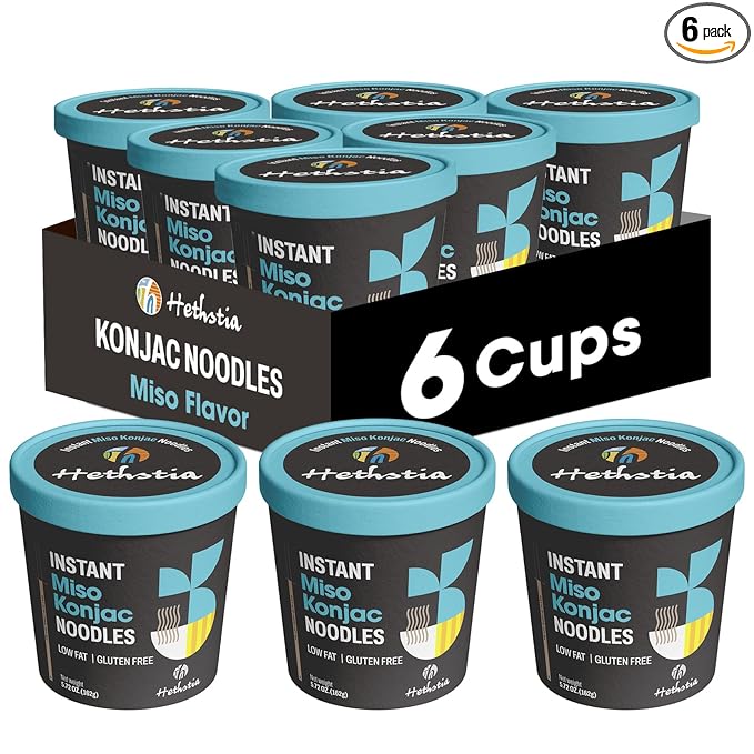 Hethstia Konjac Noodles Instant Miso Soup Cup – 6 Packs Shirataki Pasta Angel Hair with Low Carb Miso Broth Ready to Eat Ramen Low GI Keto-Friendly Healthy Asian Noodles Holiday Gift