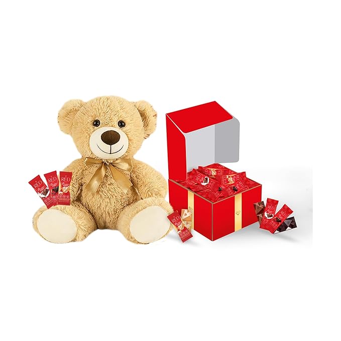 RED Delight®™ 100 Piece Chocolate Gift Box (100 Piece Gift Box w/Bite Size Bars +14 Plush Bear Variety: Milk Dark &amp Blonde)
