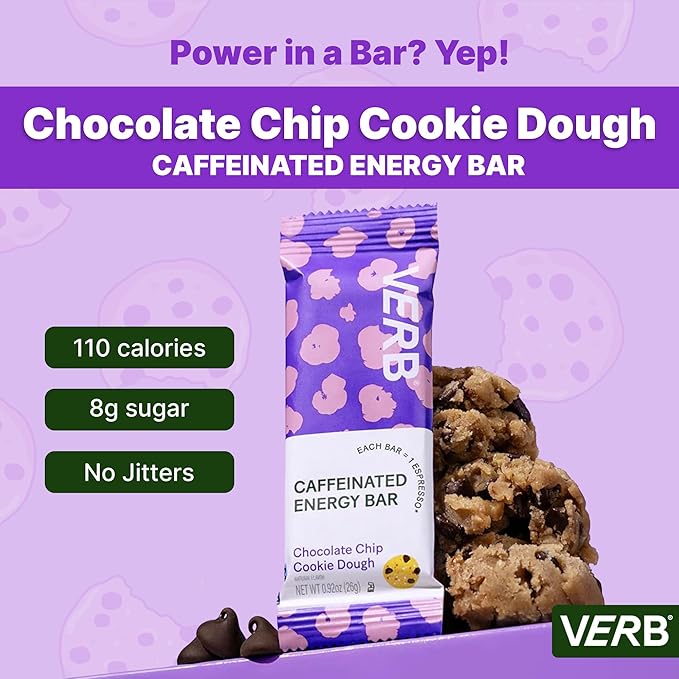 Verb Caffeinated Energy Bars Chocolate Chip Cookie Dough (26g Pack of 16) 110-Calorie Delicious Energy Bar Gluten Free On-the Go Snack with 80mg Green Tea Caffeine Only Real-Food Ingredients