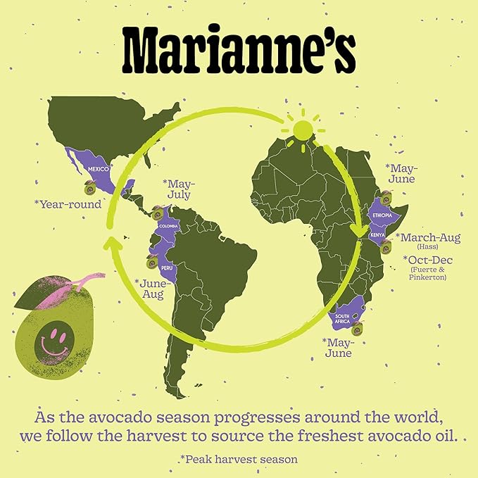 Marianne’s Organic Avocado Oil: 100% Pure Organic Cooking Oil for Frying Sautéing &amp Baking Neutral Flavor High-Heat Performance Up to 500°F Clean Label Project Purity Award