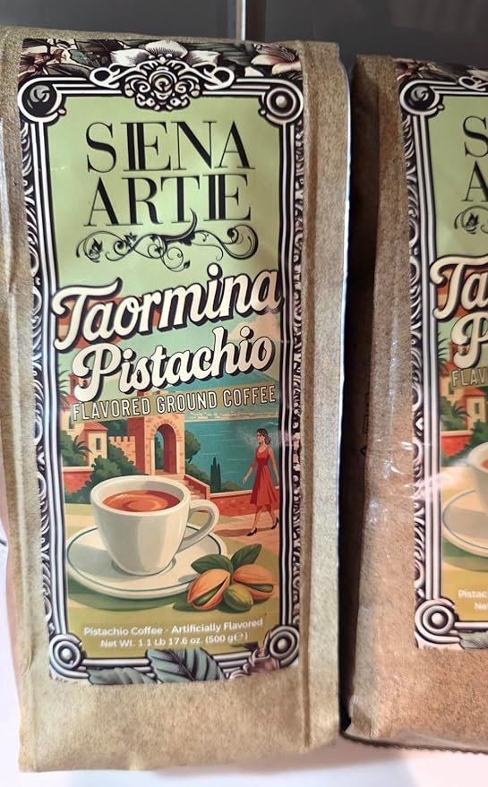 Siena Artie Taormina Pistachio Flavored Ground Coffee. 2 pack. 1.1 Lb a bag It is a flavored ground coffee with a pistachio taste.