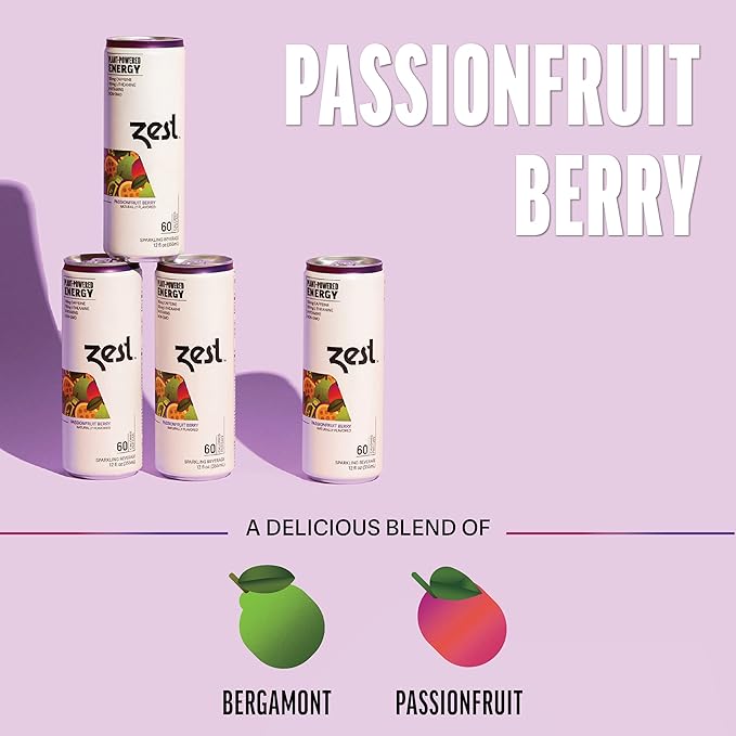 Zest Clean Energy Drink – Passionfruit Berry – 150mg Caffeine + 100mg L-Theanine – Natural Focus &amp Concentration Boost – Healthy Energy Drink 12oz Can 12 Pack – Low Sugar No Artificial Sweeteners