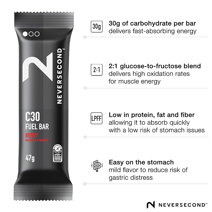 Neversecond C30 Fuel Bar Fast-Absorbing Carbs Never2 C30 Fuel Bars for Performance &amp Endurance Nutrition for Triathlons Cycling Running &amp Marathons (Berry Flavor 12-Count Pack)
