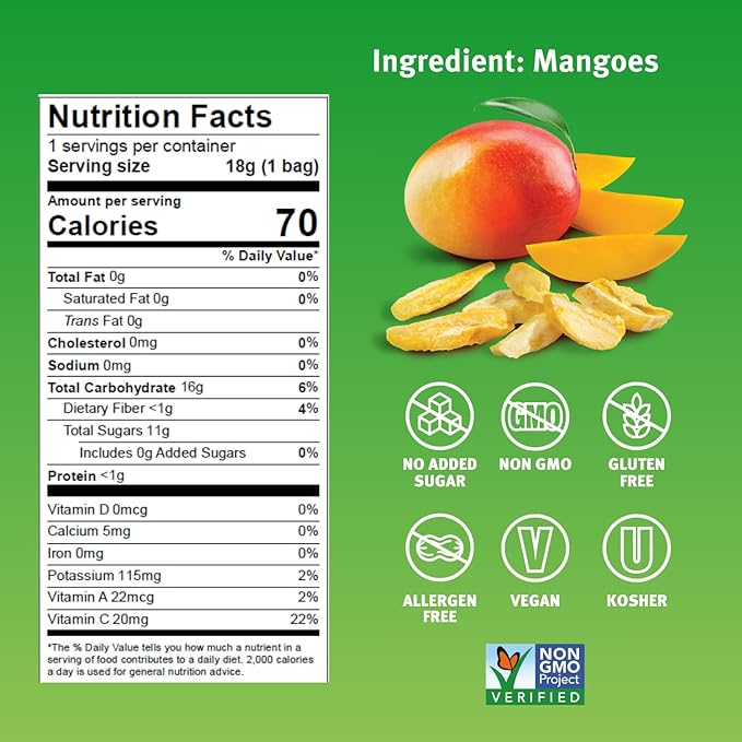 Crispy Green Freeze-Dried Mango Fruit Snacks 0.63 Oz (Pack of 12) 100% Pure Fruit All-Natural No Added Sugar Single-Serve Bags for Healthy Snacks &amp School Lunches
