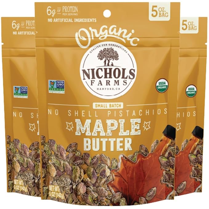 Organic Pistachios Maple Butter Flavored 5oz 3 Pack No Shell California Pistachios - Nichols Farms