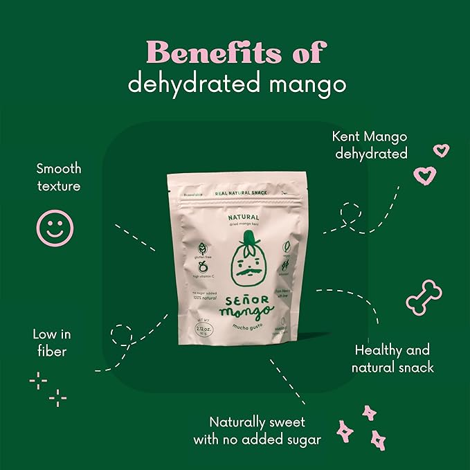 SEÑOR MANGO | NATURAL - Natural Dried Mango Slices | Organic Kent Variety | No Sugar Added | Gluten-Free Fruit Snack | Made in Mexico | 6 Pack – 2.1 oz Each