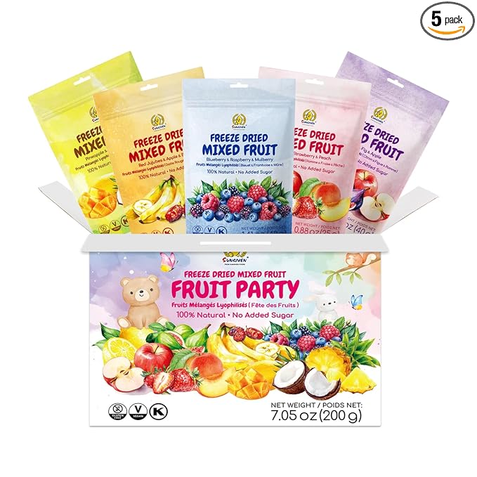 SUNGIVEN Freeze-Dried Fruit Party with 10+ Fruits Mixed Fruits Variety Pack of 5 Bag 7.06 oz Health Snack Fruit Crisps Freeze Dried Apple Strawberry Berries Lemon Coconut Fig Mango Pineapple No