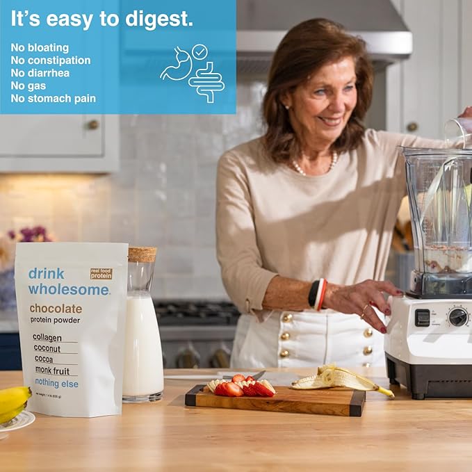 drink wholesome Chocolate Collagen Protein Powder for Sensitive Stomachs | Minimally-Processed Whole-Food Protein | Additive-Free Dairy-Free Gluten-Free | Low FODMAP
