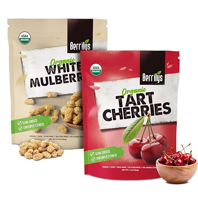 Berrilys Natural Unsweetened Dried Tart Cherries 1 lb No Sweet Added Great for Baking Snacking &amp Salads + Natural Dried Mulberries White Mulberry Non-GMO Unsulfured Raw 10oz Plant-based.