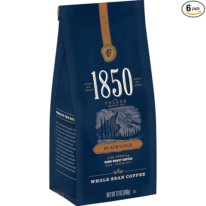 1850 by Folgers Black Gold Dark Roast Whole Bean Coffee 12 Ounces (Pack of 6)