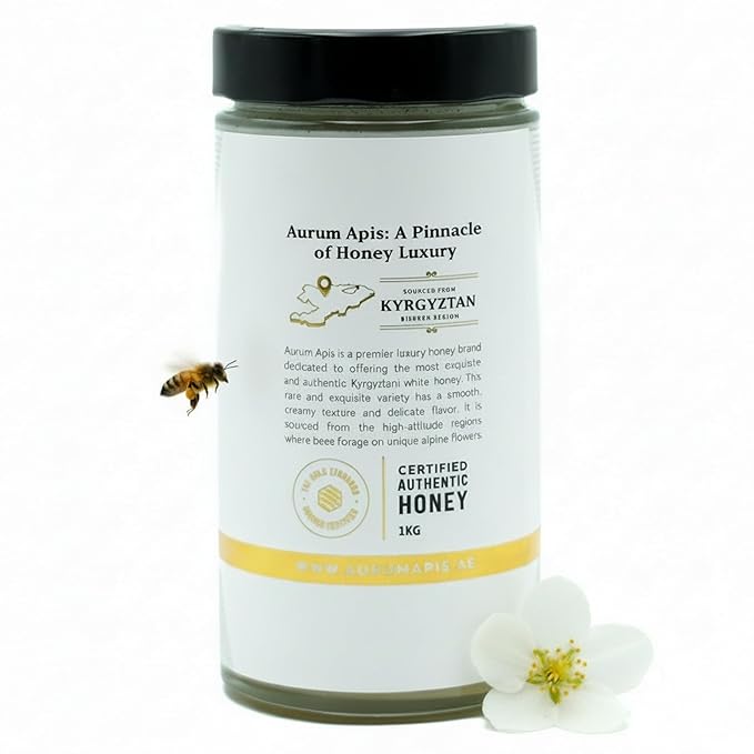 Aurum Apis Raw Kyrgyzstani White Honey 100% Raw &amp Unfiltered Pure Honey Hand Harvested Organic Honey Non-GMO Unprocessed Thick Honey with Creamy Texture Delicate Flavor &amp Aroma – 1kg Hone