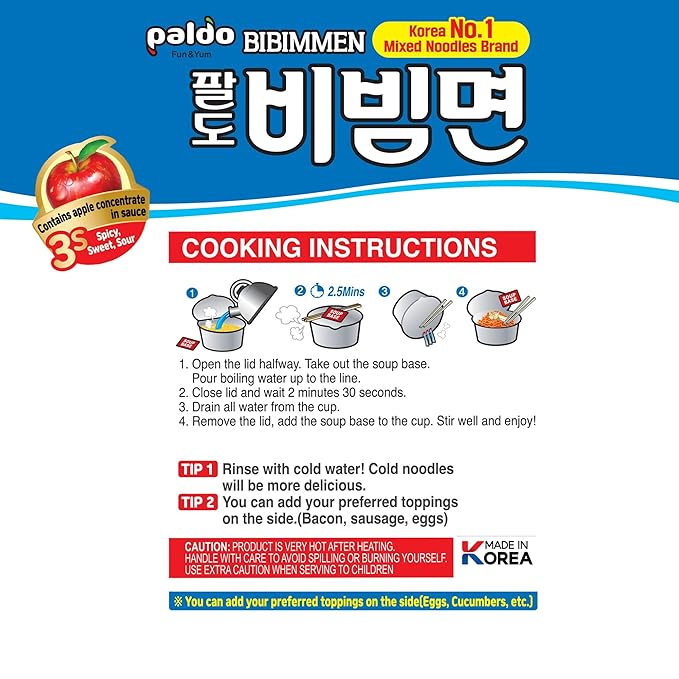 Paldo Fun &amp Yum Bibim Men Instant Cold Cup Noodles Pack of 8 Brothless Cold Ramen with Sweet &amp Spicy Seasoning Sauce Best Oriental Style Korean Ramyun Soupless K-Food 팔도 비빔면 킹컵 115g (4.05