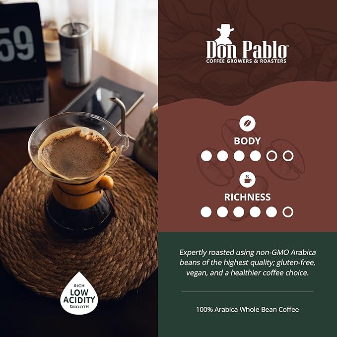 Don Pablo Signature Blend - Limited Edition Dark Roast Gourmet Coffee 100% Arabica Whole Bean Non-GMO Low Acidity 2 Pound (2 lb) Bag
