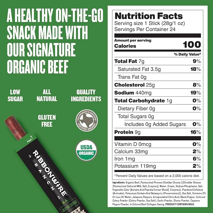 Ribbonwire Ranch Beef Sticks Made with Organic Beef Pasture Raised High Protein Snack Healthy Low Carb Keto Friendly Gluten Free Nitrate Free On the Go 1 Oz Sticks Jalapeno Cheddar 24 Pack
