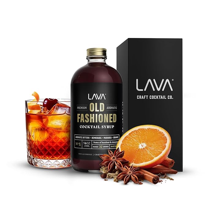LAVA Premium Aromatic Old Fashioned Cocktail Syrup 16oz Makes 32 Cocktails Made with Aromatic Bitters Demerara Marasca Cherry Orange Zest Hazelnut and Cinnamon. Ready to Use. Just Add Whiskey.