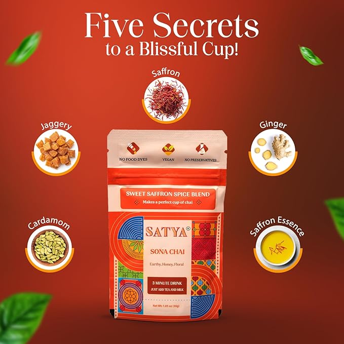 Satya Sona Chai Masala Mix 1.05 oz Sachets (Pack of 5-150gm) – Sweet Saffron Indian Chai Spice Blend - Vegan Gluten &amp Dye Free Low Sodium Authentic Masala for Tea Dessert &amp Golden Milk - 30