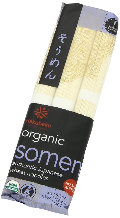 Hakubaku Organic Somen Authentic Japanese Wheat Noodles No Salt Added 9.5-Ounce Packages (Pack of 8)