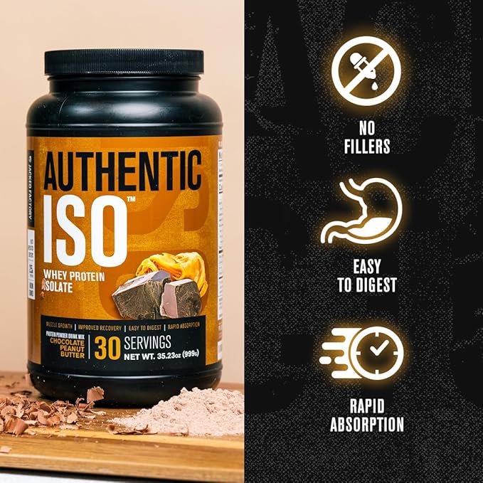 Jacked Factory Authentic ISO Whey Protein Isolate Powder - Low Carb Non-GMO Muscle Building Protein w/No Fillers Post Workout Recovery - 30 Servings Chocolate Peanut Butter