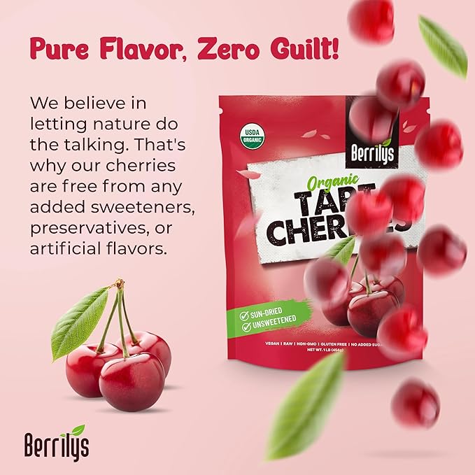 Berrilys Organic Unsweetened Dried Tart Cherries 1 lb (16 oz) - No Sugar Added Perfect for Baking Snacking &amp Salads - Unsweetened - Non-GMO Vegan Cherries for Healthy Living