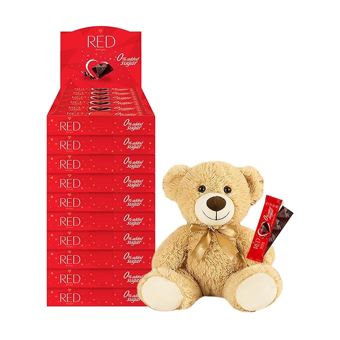 RED Delight®™ Dark Chocolate 12 Count Box of Grab N Go Travel Size Bars (0.92 Ounces Each) with 14 Plush Teddy Bear (10 Boxes - Total of 120 Bars + 14 Plush Bear)