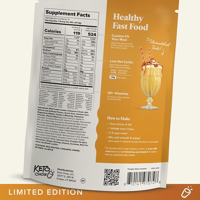 Keto Chow Caramel Pumpkin Spice | Keto Meal Replacement Shake Powder | Nutritionally Complete | Low Carb | Delicious Easy Meal Substitute | Protein Rich You Choose The Fat | 21 Meal Serving