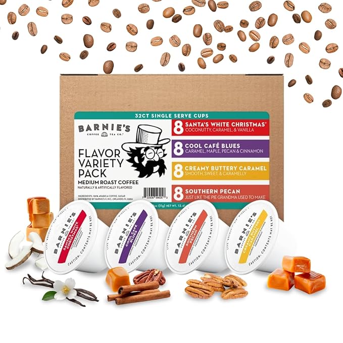 Barnie's Coffee Pods with Santa's White Christmas Southern Pecan Creamy Buttery Caramel and Cool Cafe Blues Assorted Variety Pack 32 Count