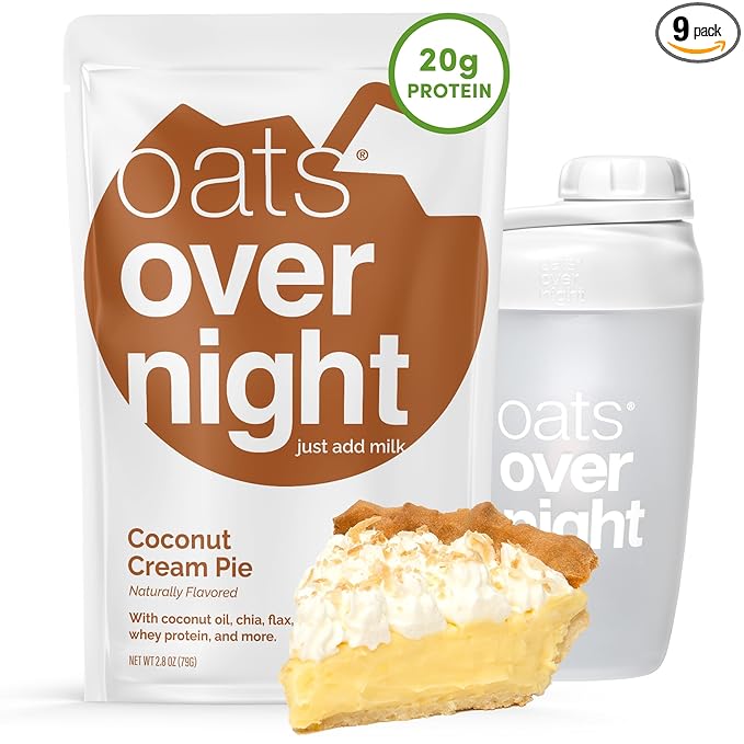 Oats Overnight Coconut Cream Pie - Overnight Oats with 20g Whey Protein High Fiber Breakfast Protein Shake - Gluten Free Oatmeal Non GMO High Protein Oatmeal (2.8 oz per Meal) (8 Pack + Bottle)