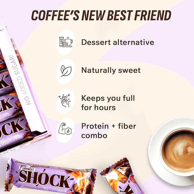 FitnesSHOCK Hazelnut Caramel Protein Bars – Low Sugar Snack Bar (1g Sugar 0g Added Sugar) – 10g Protein – Dessert-Inspired Snack – 12 Count
