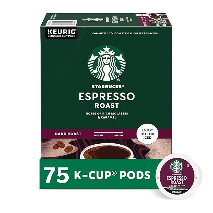 Starbucks K-Cup Coffee Pods Dark Roast Coffee Espresso Roast for Keurig Coffee Makers 100% Arabica 1 Box (75 Pods)