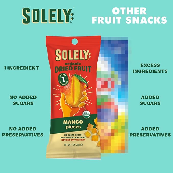 SOLELY - Organic Dried Fruit Mango Pieces (1 Box 12 Single Serving Bags per Box) - Real Fresh Fruit - Healthy Snacks for Adults &amp Kids - Non GMO Vegan Snacks Shelf Stable - 12 Bags (1 oz)