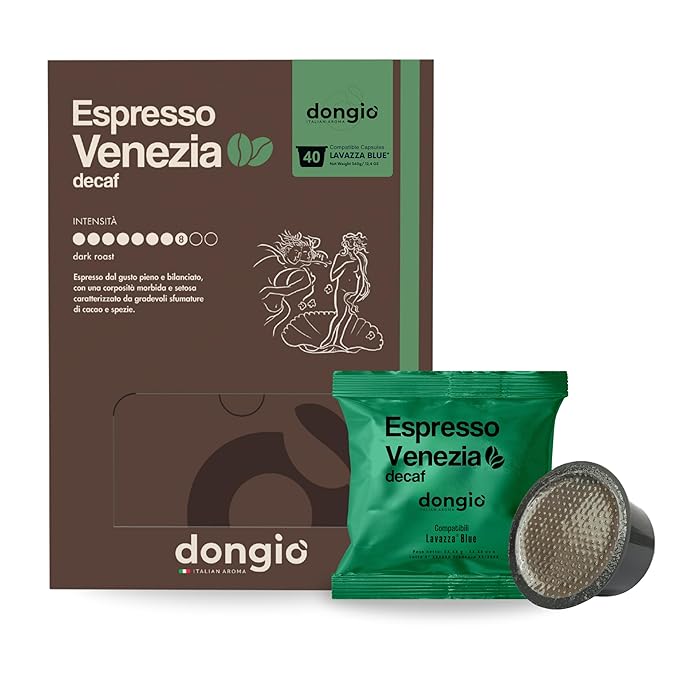 Dongiò Caffè Espresso Venezia (decaffeinated) - 40 Capsules compatible with Lavazza Blue/Black systems Medium-dark roast coffee (intensity 7/10) - Roasted and blended in Italy decaffeinated using na