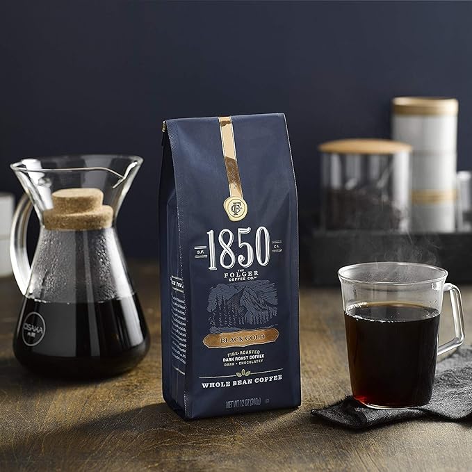 1850 by Folgers Black Gold Dark Roast Whole Bean Coffee 12 Ounces (Pack of 6)