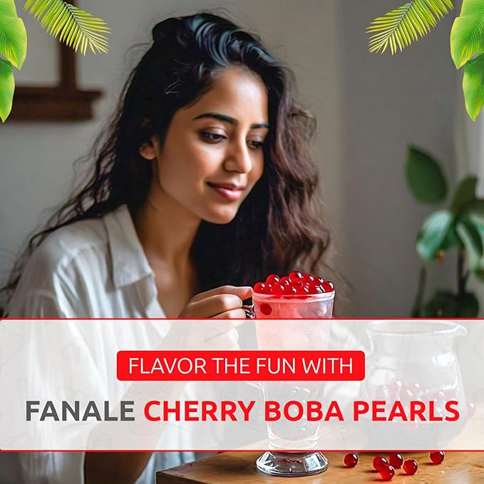 Fanale Cherry Popping Boba Pearls Vegan Non GMO Gluten Free Fat Free Perfect for Bubble Tea Smoothies Ice Cream Desserts and Beverages.