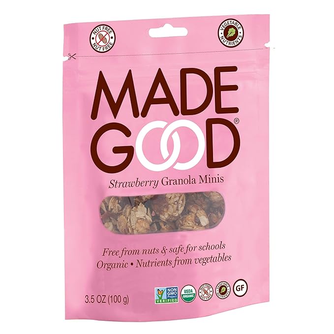 MadeGood Strawberry Granola Minis 6 Pouches (3.5 oz/ea) Granola Clusters Made with Crunchy Oats and Juicy Strawberries Convenient Individually-Wrapped Portions Allergy-Friendly School-Safe Snack