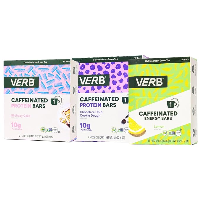 Verb Energy Caffeinated Bars – Lemon Energy (16) Chocolate Chip Cookie Dough Protein (12) Birthday Cake Protein (12) – 40 Count Variety Pack with Organic Green Tea