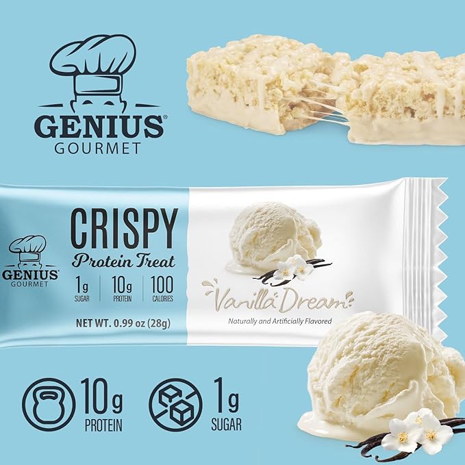 Genius Gourmet Crispy Protein Treat Vanilla Dream Keto Snack Low Carb Low Sugar &amp Gluten Free Protein Snacks for Adults 10G of Whey Protein per Protein Bar 5 Net Carbs On The Go Snack 10
