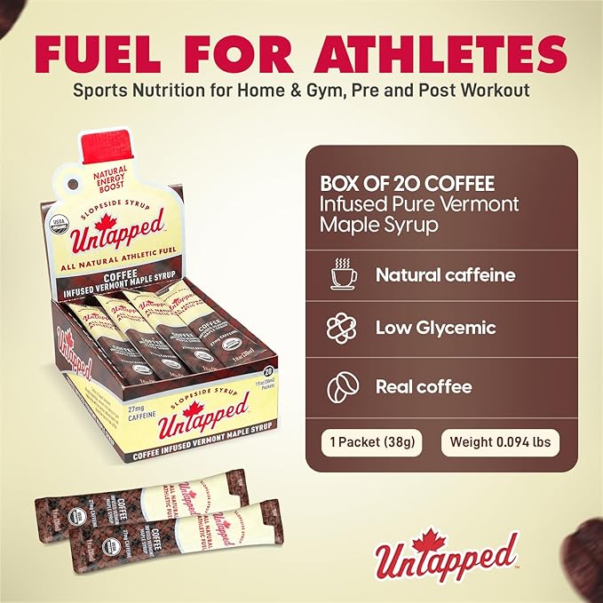 UnTapped Coffee Infused Vermont Maple Syrup Packets for Athletes Box of 20-1 fl oz | Pure Maple Syrup with Organic Coffee for Natural Endurance Energy | Fuel to Keep You Running Longer