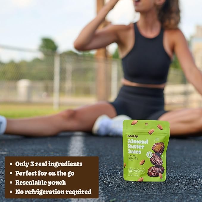 Realsy Pitted &amp Stuffed Medjool Dates Organic Dates with No Sugar Added Gluten-Free Vegan Good Source of Fiber Low Glycemic Index All Natural Healthy Snack (Almond Butter 5 Pack)