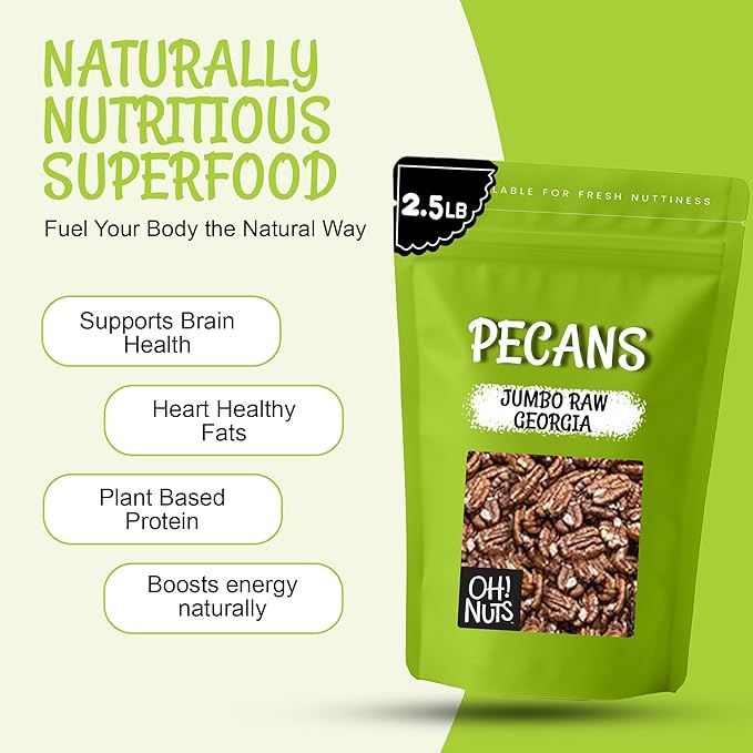 Oh! Nuts Pecans Halves &amp Wholes - Raw - 100% Natural - 2 lb - Raw Georgia Pecans - Packed in New York Zip-Seal Bag for Exceptional Freshness