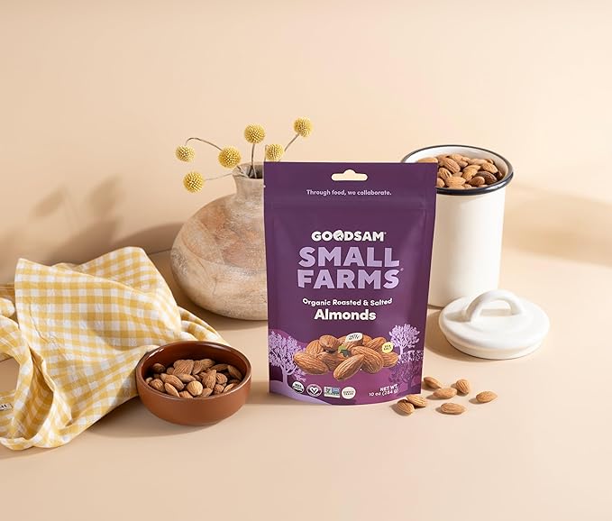 GoodSam Foods - Organic Roasted &amp Salted Almonds 1.25lbs (2x10z Bags) - Regeneratively Farmed California Almonds for Snacking Cooking and Baking